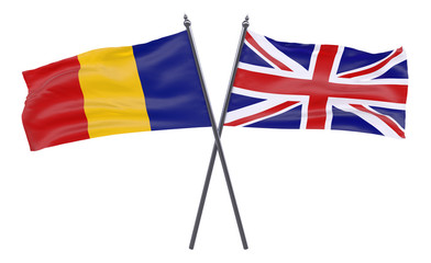 Romania and United Kingdom, two crossed flags isolated on white background. 3d image