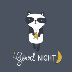 Hand drawn illustration with happy panda, moon, stars and lettering. Colorful cute background vector. Good night, poster design. Backdrop with english text, animal. Funny card, phrase