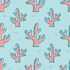 Cute seamless pattern with corals and fish. Aquamarine background. Linear style illustration. Vector.