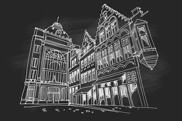 Vector sketch of  street scene in  Antwerpen, Belgium.