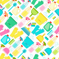 Cute spring cleaning utensils seamless background in vivid eye catching colors