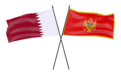 Qatar and Montenegro, two crossed flags isolated on white background. 3d image