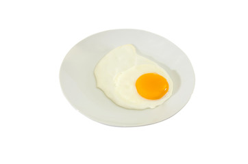 fried egg in a white plate on a white background
