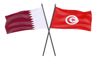 Qatar and Tunisia, two crossed flags isolated on white background. 3d image