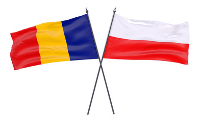Poland and Romania, two crossed flags isolated on white background. 3d image
