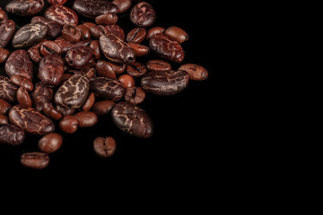 Roasted beans. Cocoa beans and coffee beans isolated on black background.