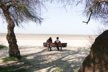 couple sitting on bench and enjoying beautiful view of the sea on beach sand