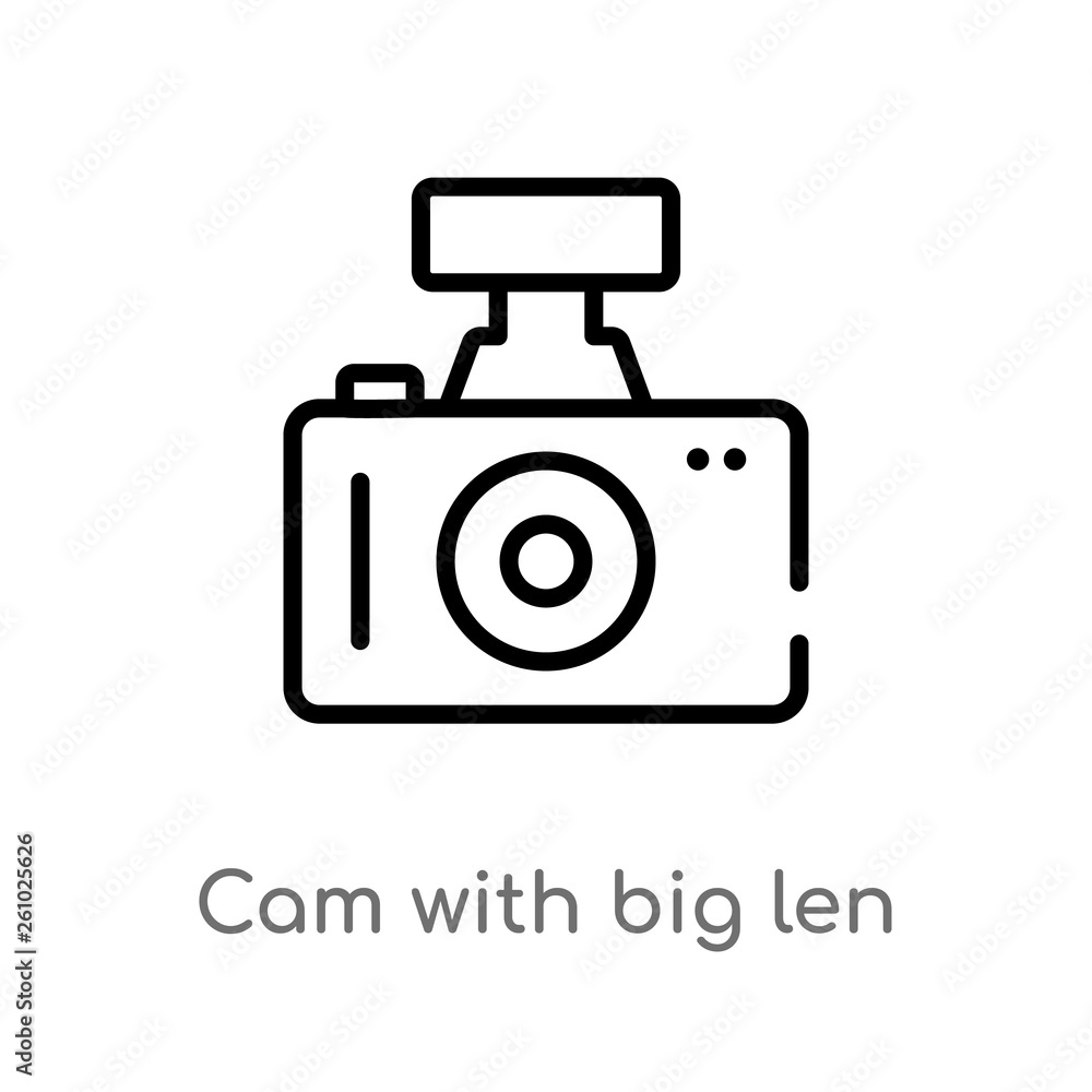 Poster outline cam with big len vector icon. isolated black simple line element illustration from technolog