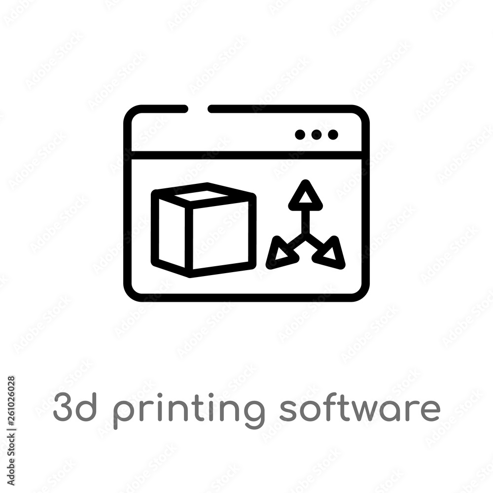 Poster outline 3d printing software vector icon. isolated black simple line element illustration from techn