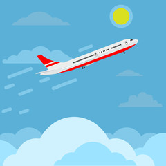 Airplane flying in sky above clouds higher and higher to top. Travel concept ads design. Vector illustration.
