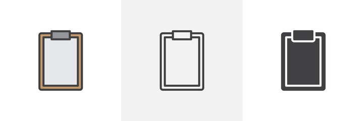 Blank clipboard document icon. Line, glyph and filled outline colorful version, Paper clipboard outline and filled vector sign. Symbol, logo illustration. Different style icons set. Vector graphics