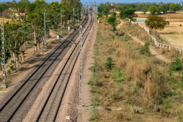 Traction power line rail corridor. Railroad tracks