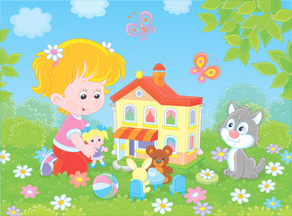 Cute little girl playing with a small doll, a bear, a rabbit and a toy house among flowers on a sunny summer day, vector illustration in a cartoon style 