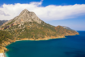 Aerial shot flight above the mountain forest in Black Sea region of Turkey. Nebiyan mountain.