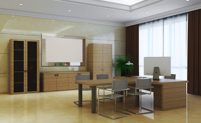 modern cabinet with marble walls and a large window. business background. 3D rendering. Blank paintings.  Mockup.