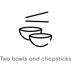 outline two bowls and chopsticks vector icon. isolated black simple line element illustration from tools and utensils concept. editable vector stroke two bowls and chopsticks icon on white