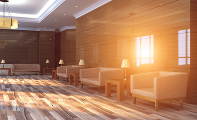View of the large interior of the lobby of the bank. Reception Business background.. Sunset. 3D rendering