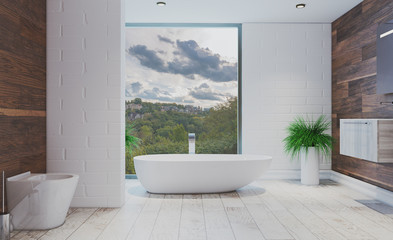 Bathroom with a large window in brown tones. Modern design.. 3D rendering