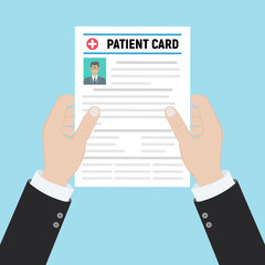 Folder with patient card and doctors hand with magnifying glass. medical report. analysis or prescription concept. vector illustration in flat style.