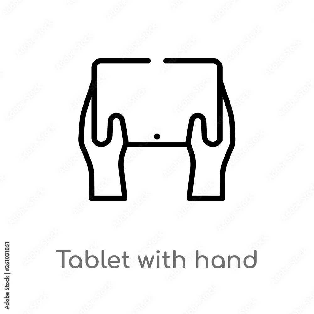 Poster outline tablet with hand vector icon. isolated black simple line element illustration from tools and