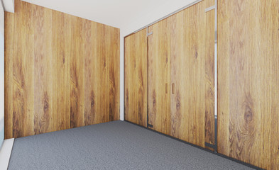 Empty office with wooden walls and a large window. Business background 3D rendering. mockup