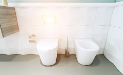 Fototapeta na wymiar View of the toilet and bidet in a modern blue-walled bathroom. 3D rendering. Mockup. Sunset