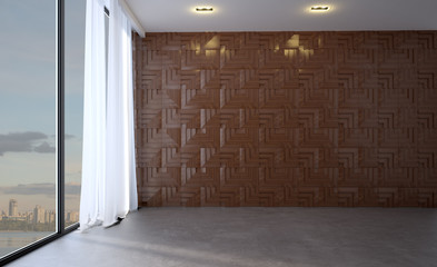 Empty living room with wooden and brick walls. Big window. Modern fireplace.. 3D rendering