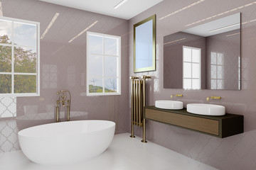 Fototapeta na wymiar Bathroom with large windows and decorative purple tiles. Golden plumbing.. Blank paintings. Mockup. 3D rendering