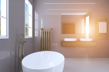 Modern bathroom in pink color. Large windows and classic plumbing.. Sunset. 3D rendering