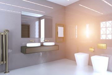 Fototapeta na wymiar View of the sink, toilet and bidet in a large modern bathroom with brown doors.. Sunset. 3D rendering