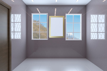 Empty interior of purple bathroom with glossy walls. Brown door.. Blank paintings.  Mockup. 3D rendering