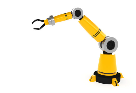 Yellow robotic arm isolated on white background, 3d rendering