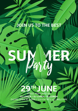 Tropical summer party poster. Vector illustration with tropical leaves in paper cut style on dark green background. Invitation to nightclub.