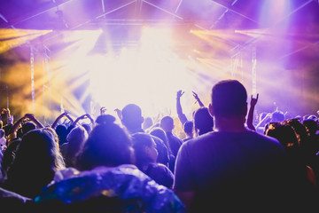 Naklejka premium cheering crowd with raised hands at concert - music festival