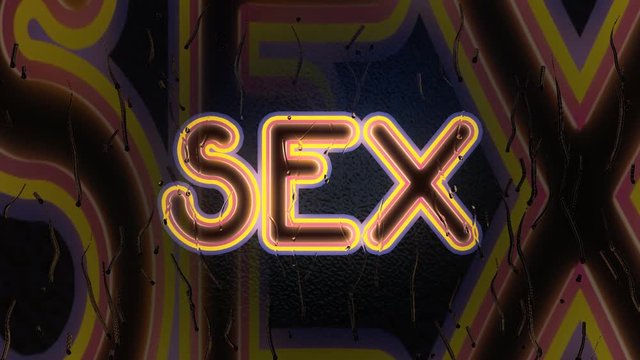 Seen through a window hit by the rain: a neon sign turning on and off, over a wall, with the text Sex. Flat style.