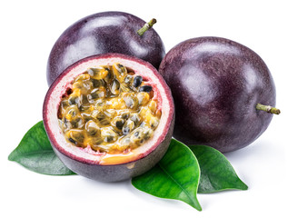 Passion fruits and its cross section with pulpy juice filled with seeds. White background.