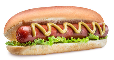 Hot dog - grilled sausage in a bun with sauces on white background. Clipping path.