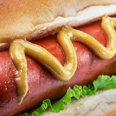 Hot dog - grilled sausage in a bun with sauces close-up. Food background.