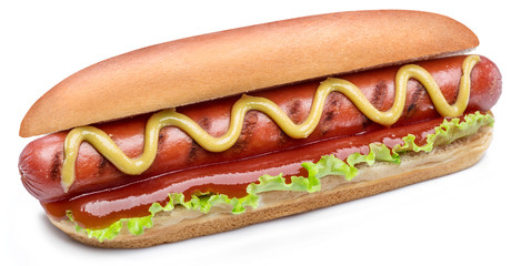 Hot dog - grilled sausage in a bun with sauces isolated on white background.
