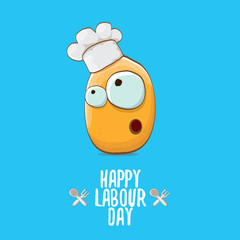 International workers day or labour day greeting card . vector funny cartoon tiny brown smiling chef potato with chef hat isolated on blue background. May day poster