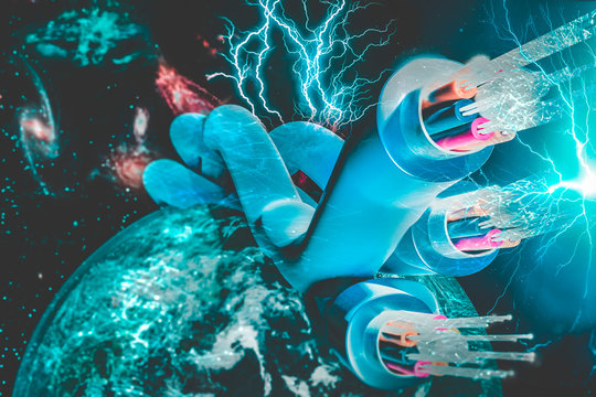 Fiber optics and earth internet speed concept future technology technologies data transmission IT business communication (maps by NASA) 