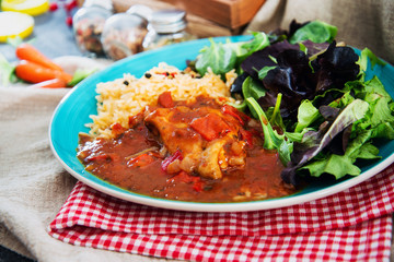 Basque Braised Chicken With Peppers and rice