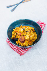 Prawn with rice - closeup of prawn with rice - traditionnal spanish food paella