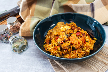 Prawn with rice - closeup of prawn with rice - traditionnal spanish food paella