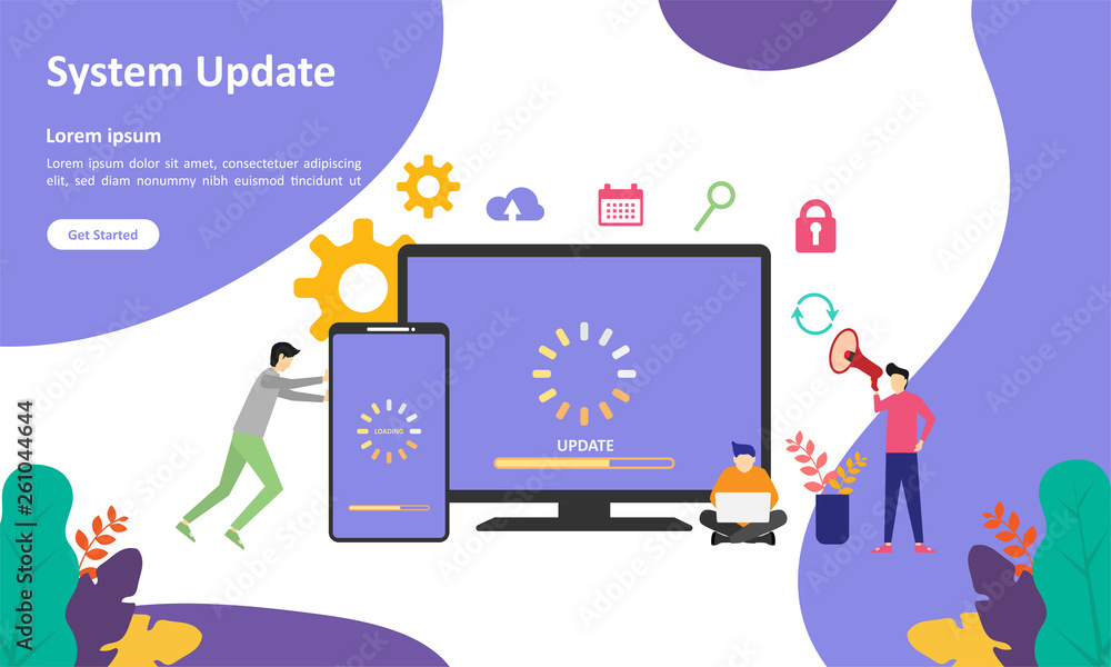 Aufkleber system update improvement change new version. installing update process with people characters suita