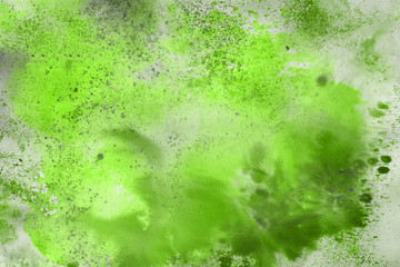 Green watercolor and ink paper textures on white background. Chaotic stylish abstract organic design.