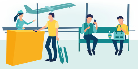 Business people sitting and walking in airport terminal, business travel concept. Man waiting takeoff in airport hall. Departure lounge, passengers terminal. Waiting area. All gates. Boarding.