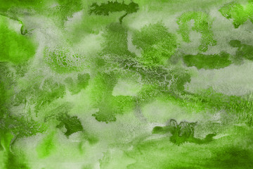 Green watercolor and ink paper textures on white background. Chaotic stylish abstract organic design.