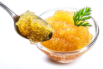 Pike caviar or roe in the bowl on white background.