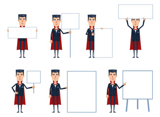 Set of vampire characters posing with different blank banners. Cheerful vampire with poster, paper, placard, pointing to whiteboard, teach, advertise, promote. Flat style vector illustration